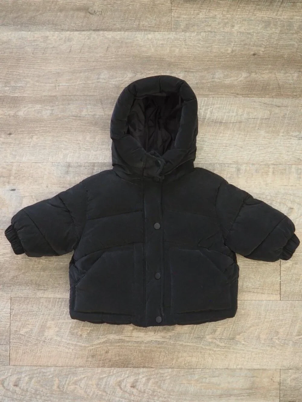 Zara Kids Baby Black Sorona Dupont Water Repellent Hooded Puffer Jacket sz 9-12M